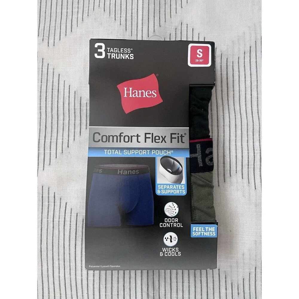 New Men’s Hanes 3 Pack Regular Tagless Trunks Size S